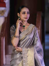 Banarasee Handloom Tissue Saree With Zari Woven Design & Contrast Lace Border-Grey (Silver Tone)