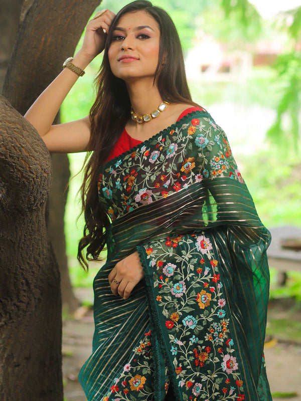 Banarasee Pure Organza Silk Stripe Design Saree With Floral Resham Embroidery-Green