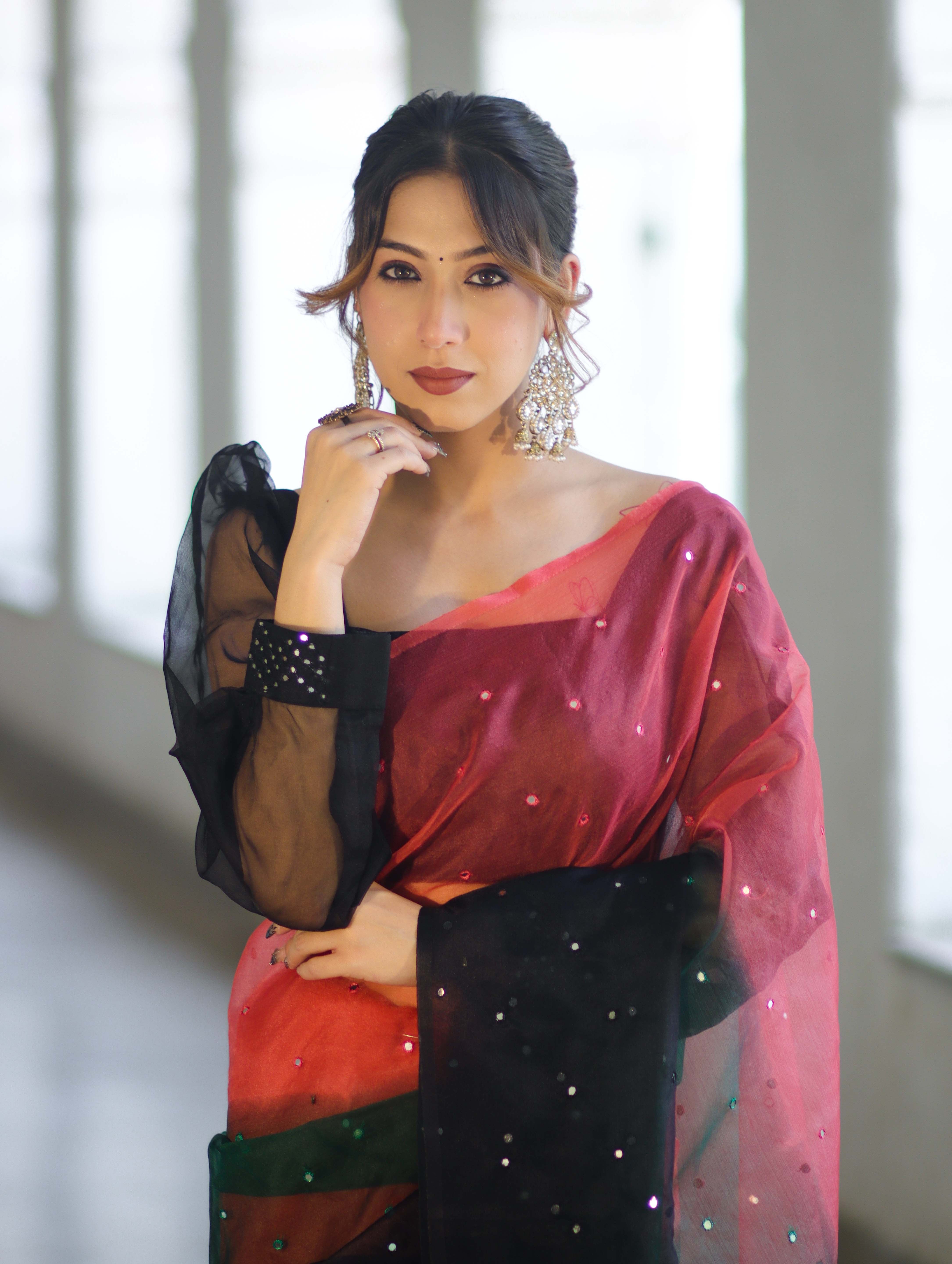 Banarasee Handwoven Organza Mix Saree With Mirror Work-Multicolor