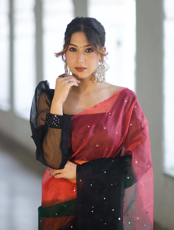 Banarasee Handwoven Organza Mix Saree With Mirror Work-Multicolor