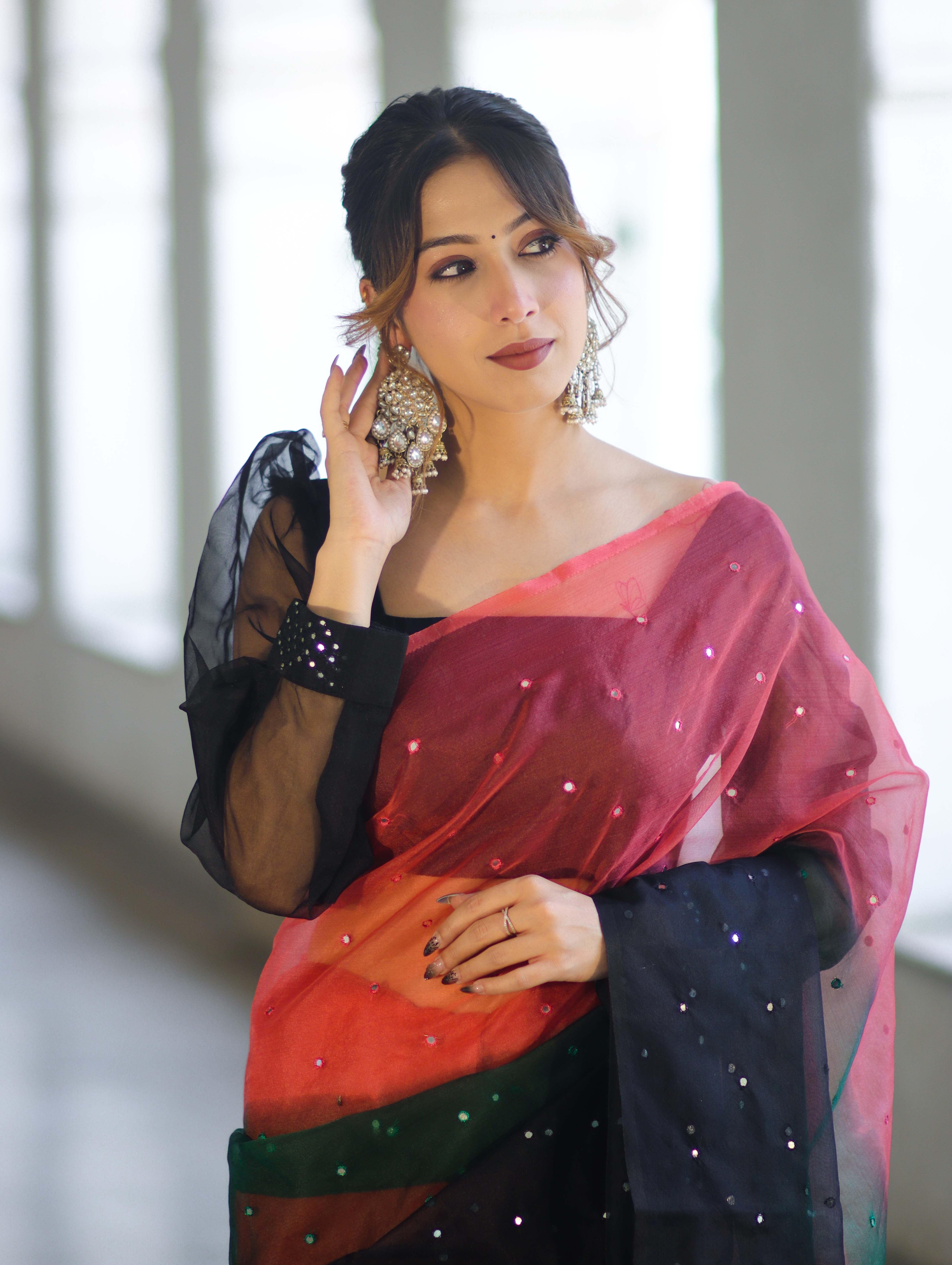 Banarasee Handwoven Organza Mix Saree With Mirror Work-Multicolor