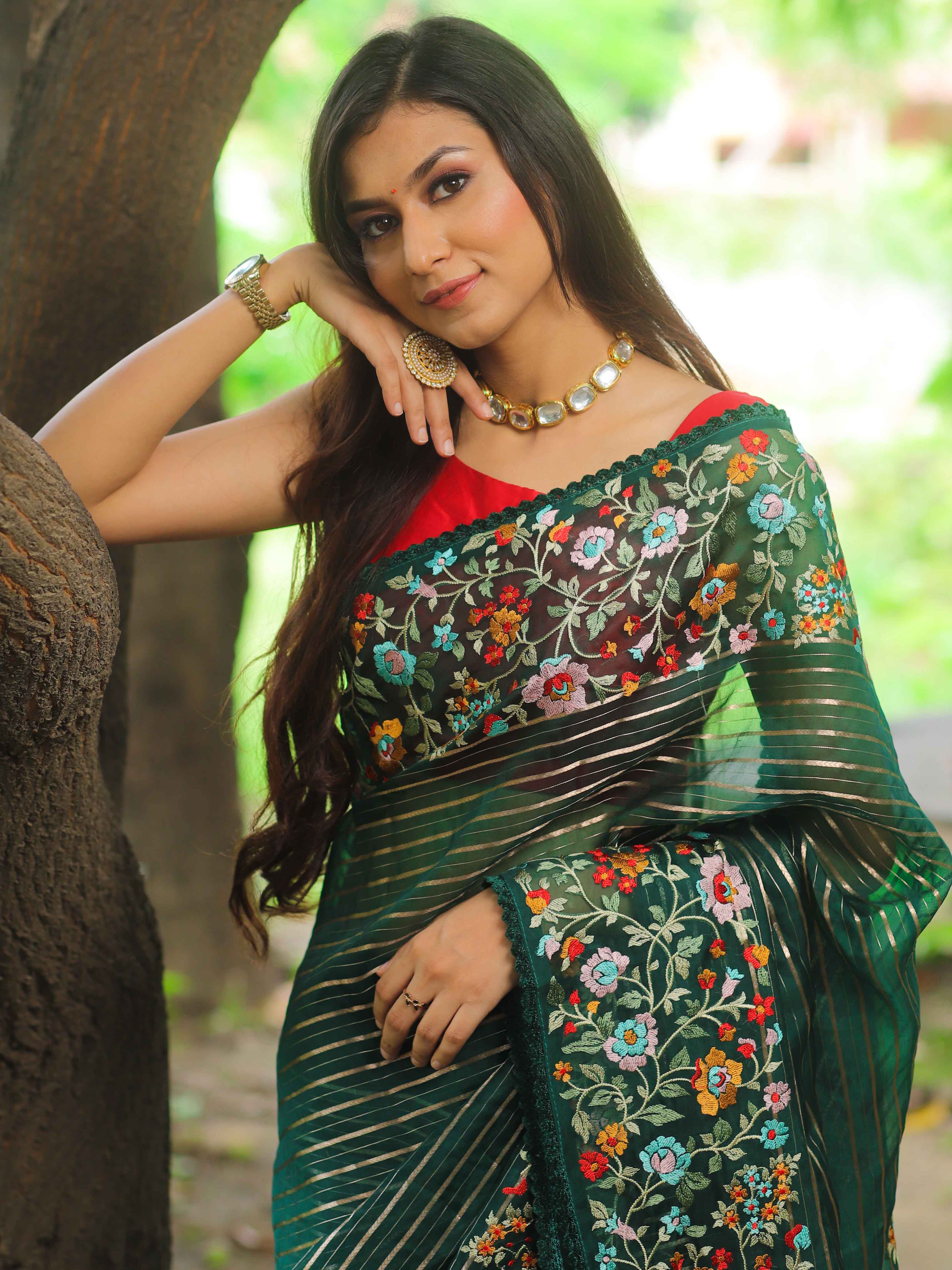 Banarasee Pure Organza Silk Stripe Design Saree With Floral Resham Embroidery-Green