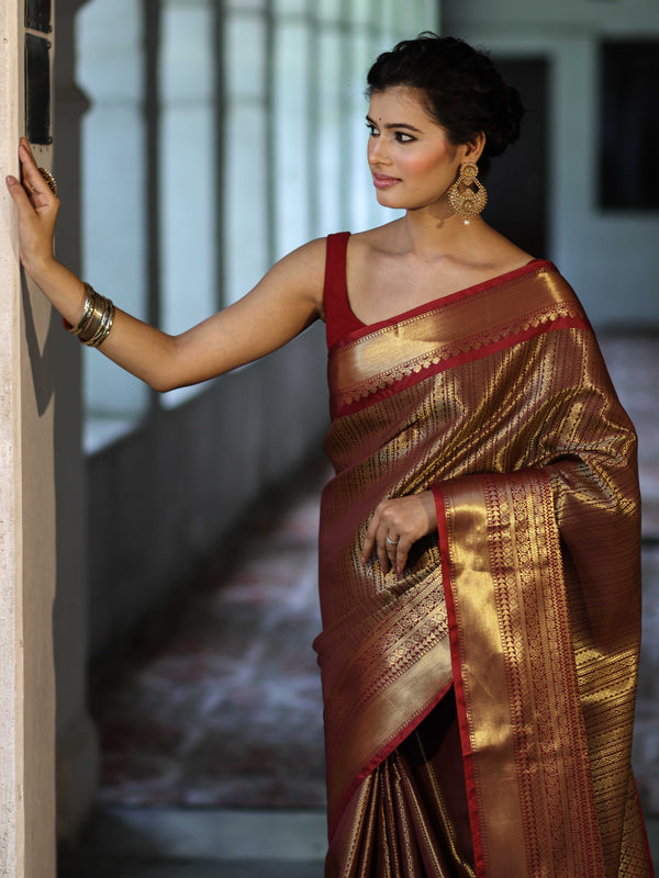 Banarasee Handwoven Soft Tissue Saree With Zari Buti Design-Maroon & Gold
