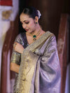 Banarasee Handloom Tissue Saree With Zari Woven Design & Contrast Lace Border-Grey (Silver Tone)