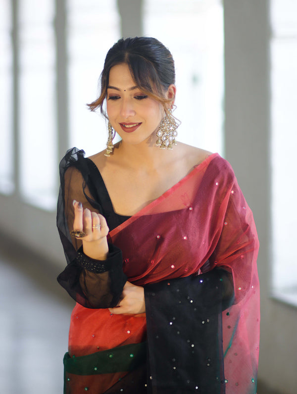 Banarasee Handwoven Organza Mix Saree With Mirror Work-Multicolor