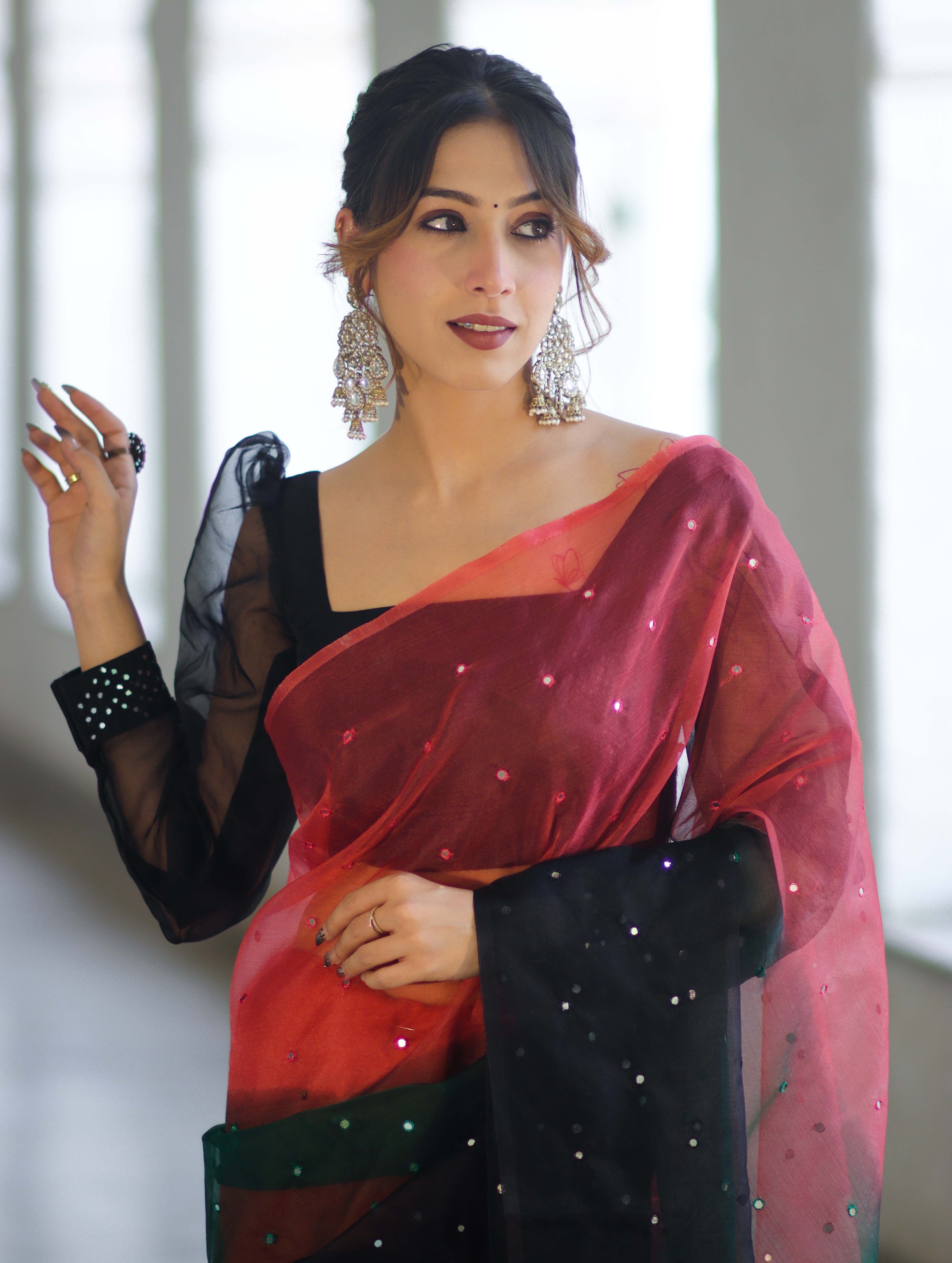 Banarasee Handwoven Organza Mix Saree With Mirror Work-Multicolor