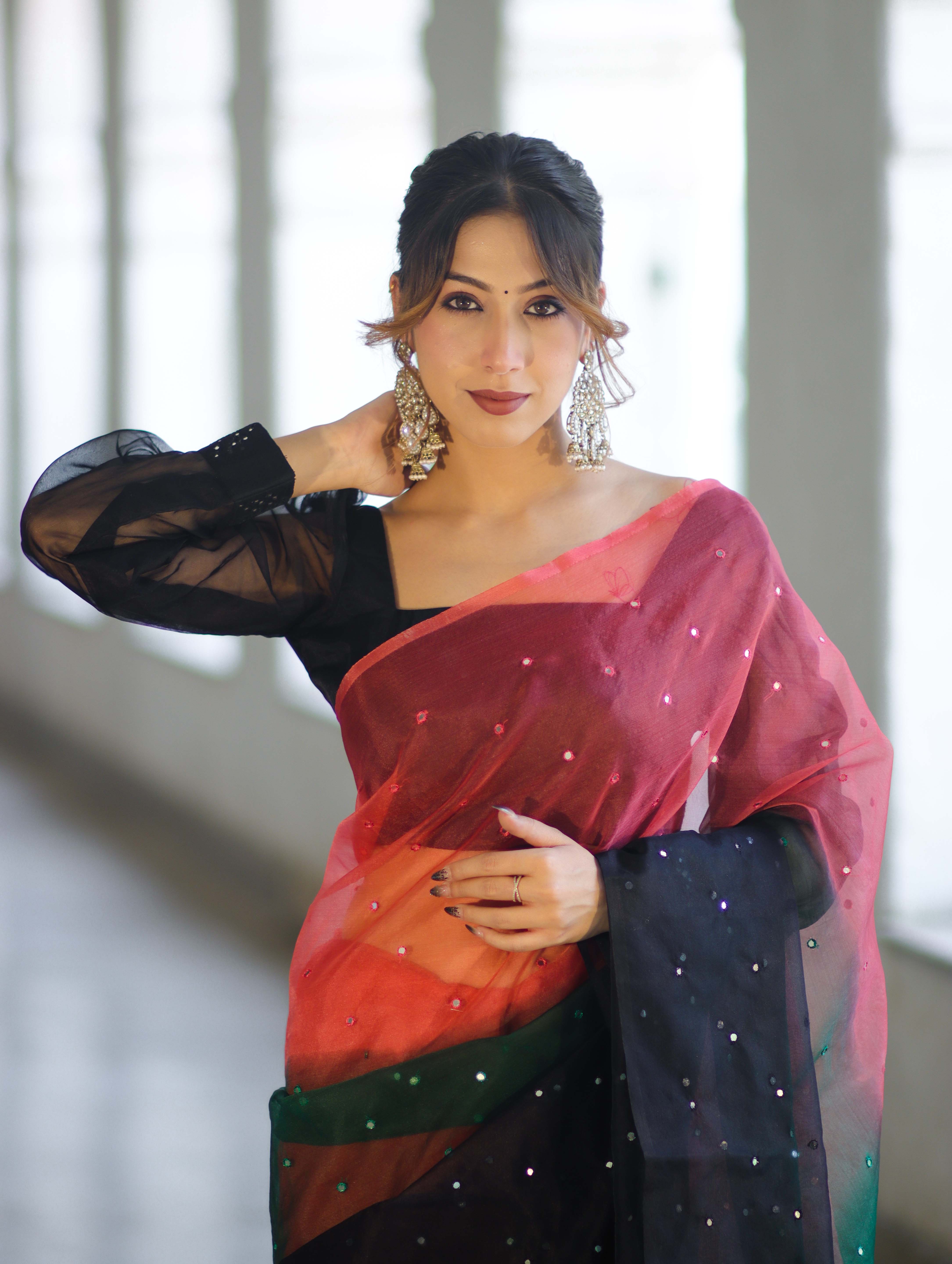 Banarasee Handwoven Organza Mix Saree With Mirror Work-Multicolor