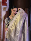 Banarasee Handloom Tissue Saree With Zari Woven Design & Contrast Lace Border-Grey (Silver Tone)