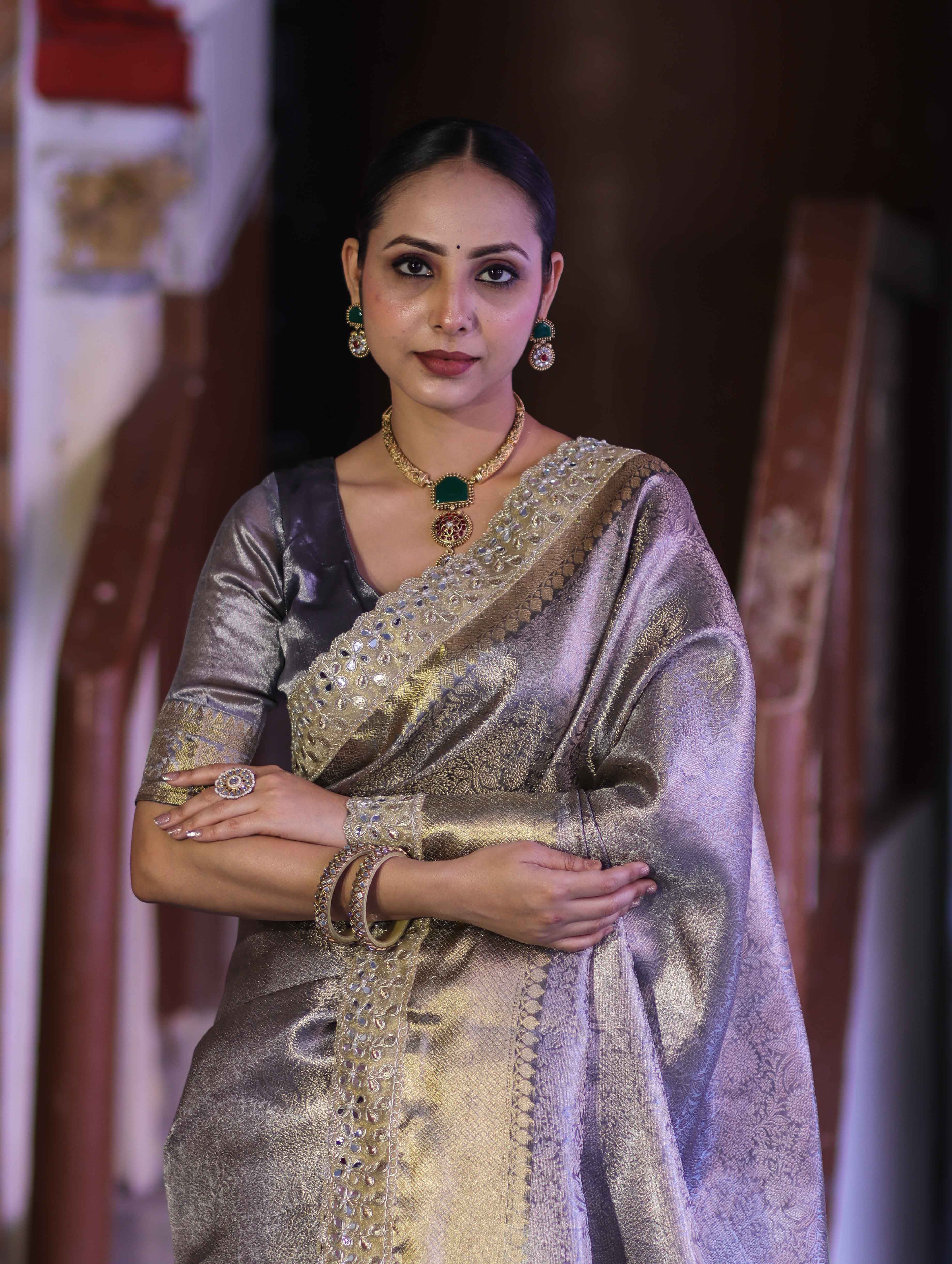 Banarasee Handloom Tissue Saree With Zari Woven Design & Contrast Lace Border-Grey (Silver Tone)