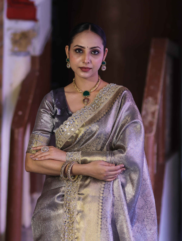 Banarasee Handloom Tissue Saree With Zari Woven Design & Contrast Lace Border-Grey (Silver Tone)