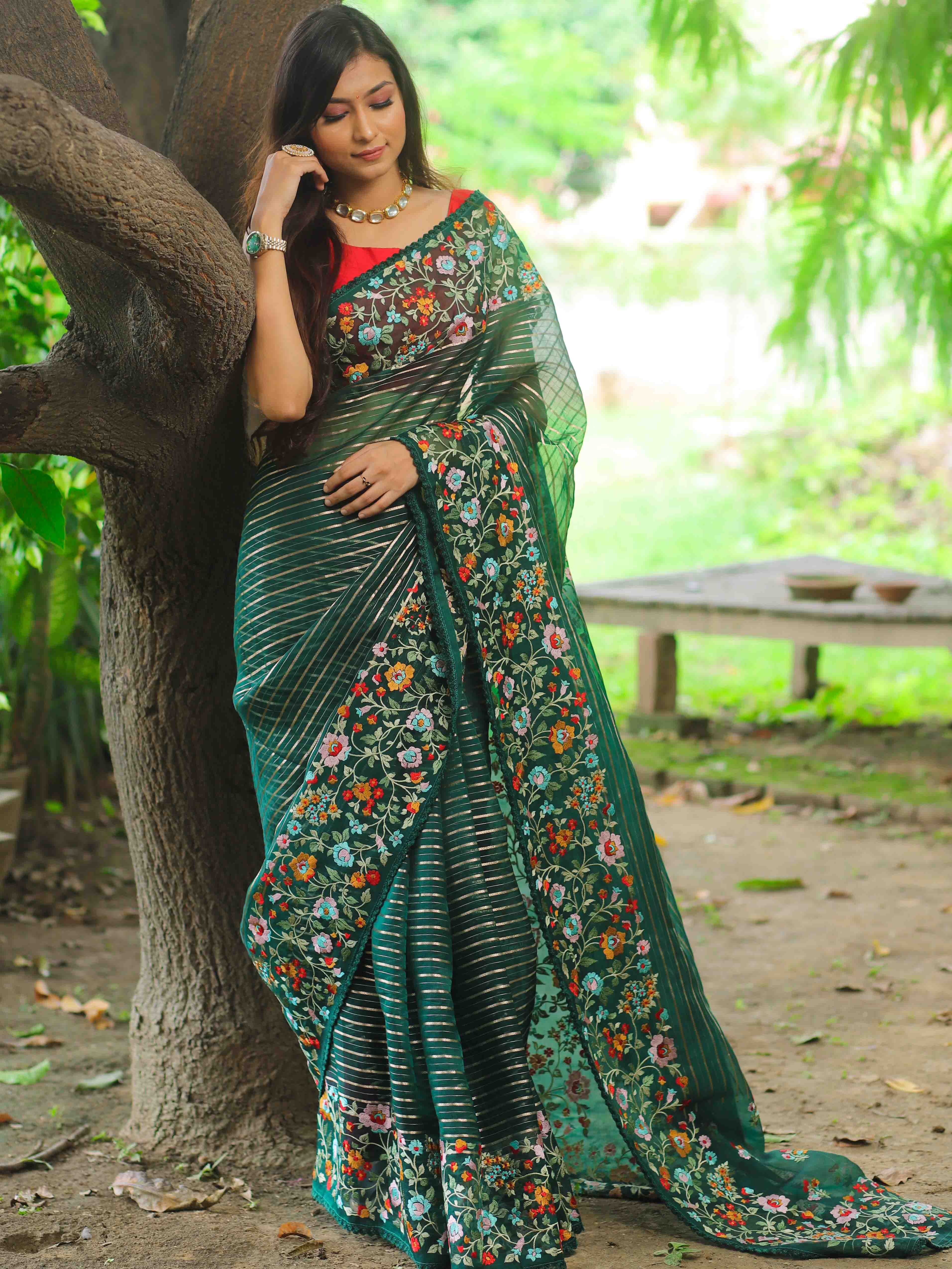 Banarasee Pure Organza Silk Stripe Design Saree With Floral Resham Embroidery-Green