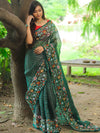 Banarasee Pure Organza Silk Stripe Design Saree With Floral Resham Embroidery-Green