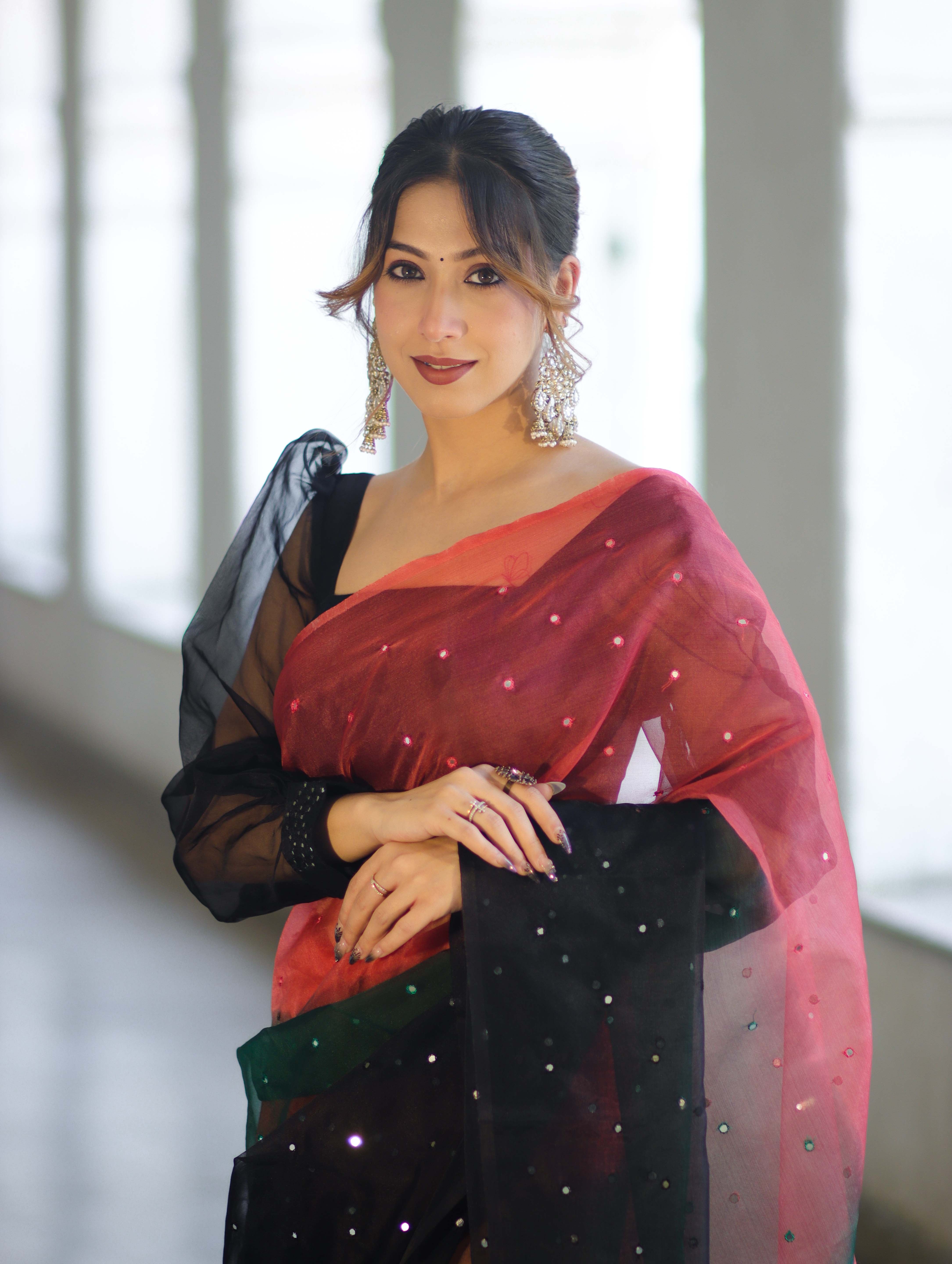 Banarasee Handwoven Organza Mix Saree With Mirror Work-Multicolor