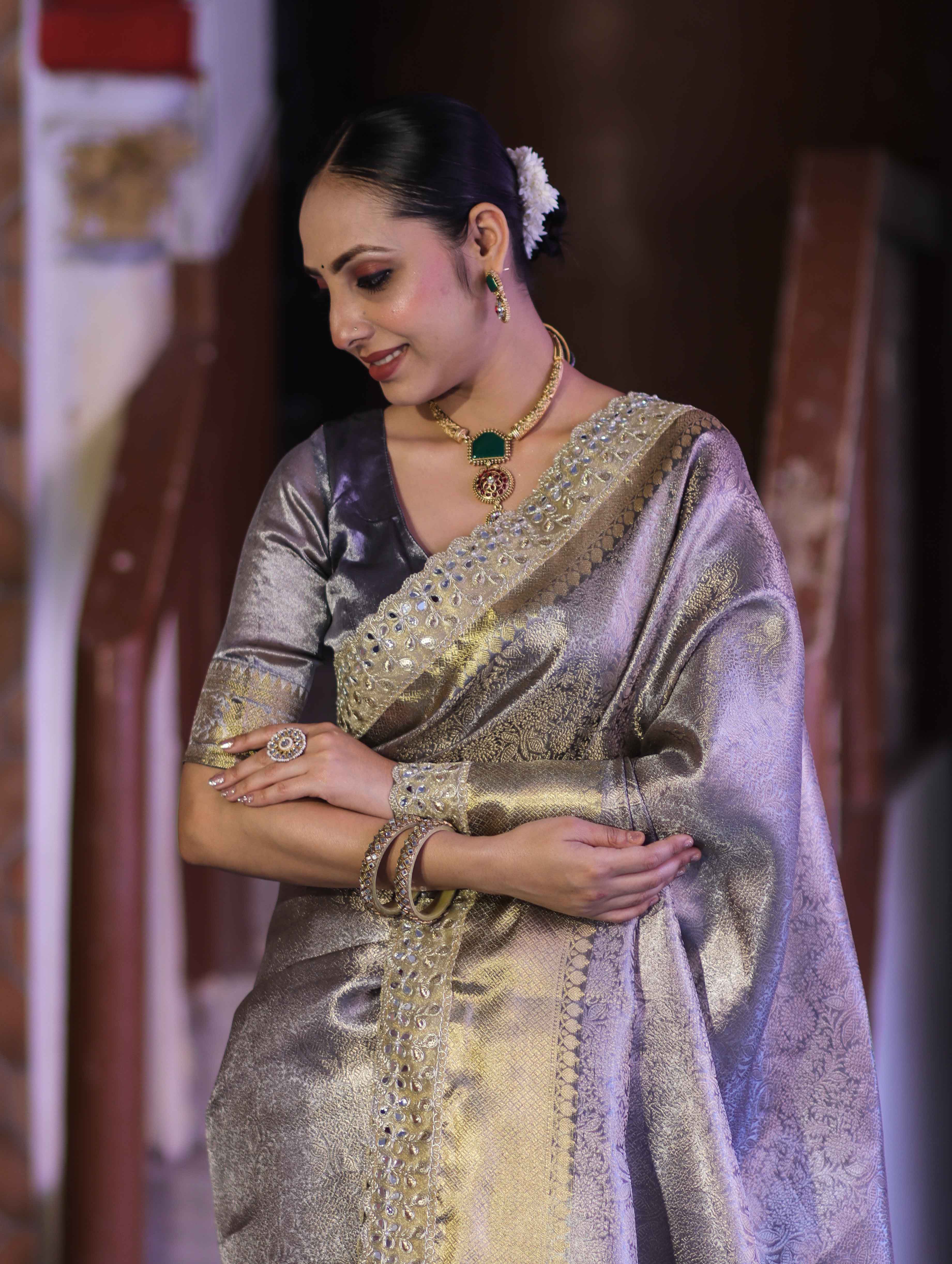 Banarasee Handloom Tissue Saree With Zari Woven Design & Contrast Lace Border-Grey (Silver Tone)