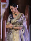 Banarasee Handloom Tissue Saree With Zari Woven Design & Contrast Lace Border-Grey (Silver Tone)