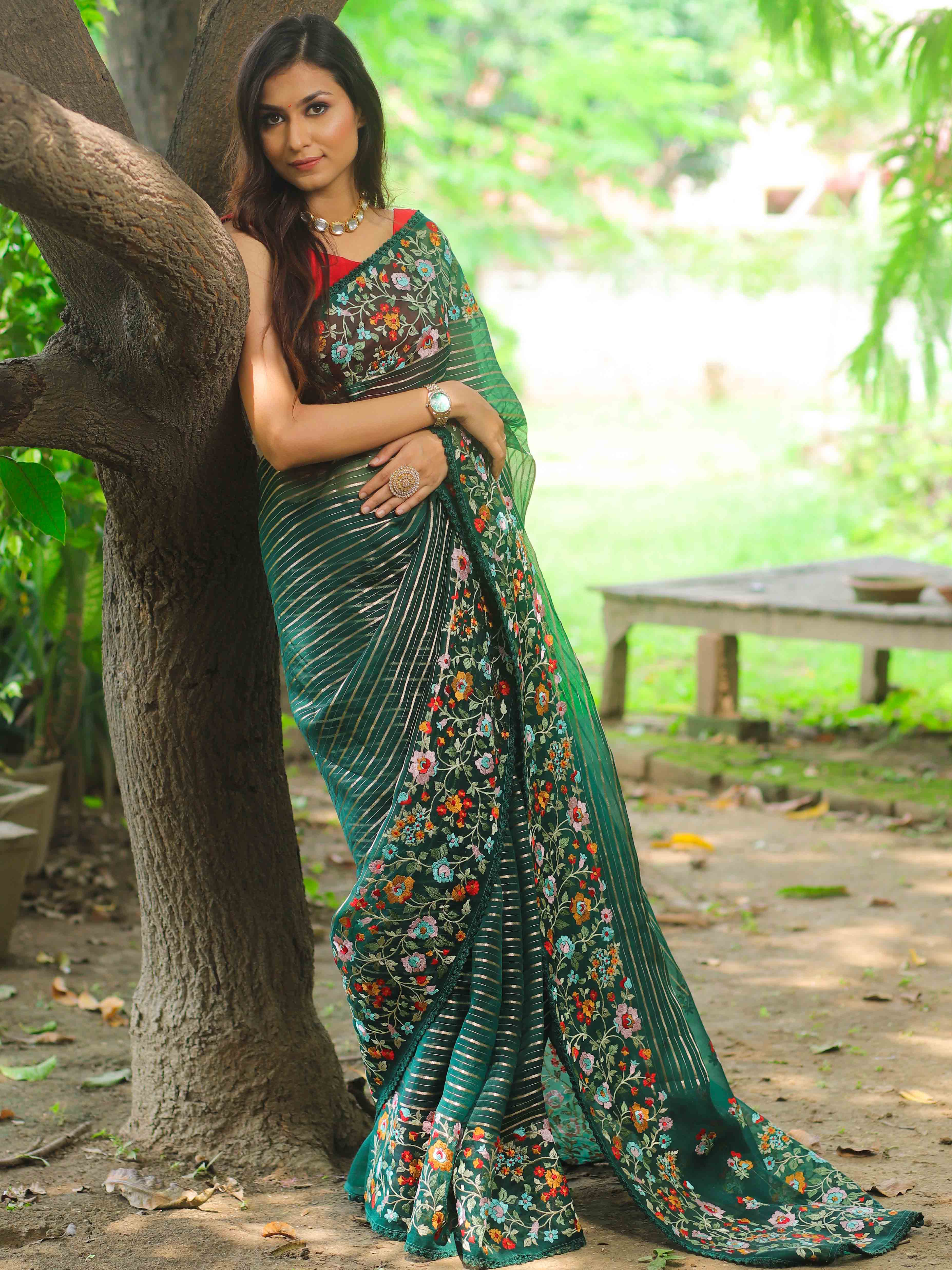 Banarasee Pure Organza Silk Stripe Design Saree With Floral Resham Embroidery-Green