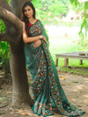 Banarasee Pure Organza Silk Stripe Design Saree With Floral Resham Embroidery-Green