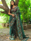 Banarasee Pure Organza Silk Stripe Design Saree With Floral Resham Embroidery-Green