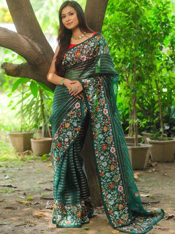 Banarasee Pure Organza Silk Stripe Design Saree With Floral Resham Embroidery-Green