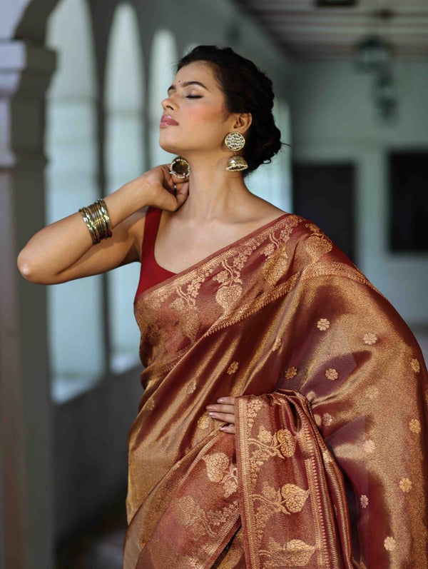 Banarasee Handwoven Soft Tissue Saree With Zari Border & Buti Design-Rust (Dual Tone)