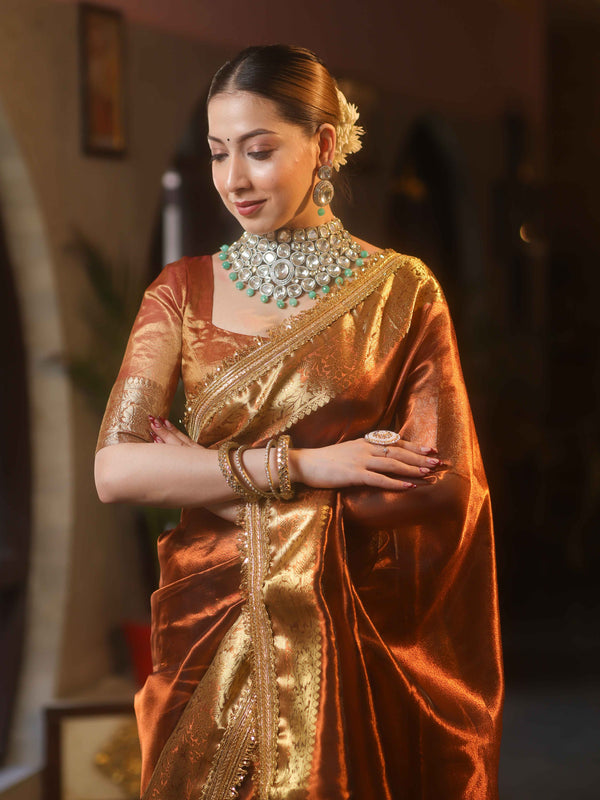 Banarasee Handwoven Plain Tissue Saree With Zari Border & Lace-Brown