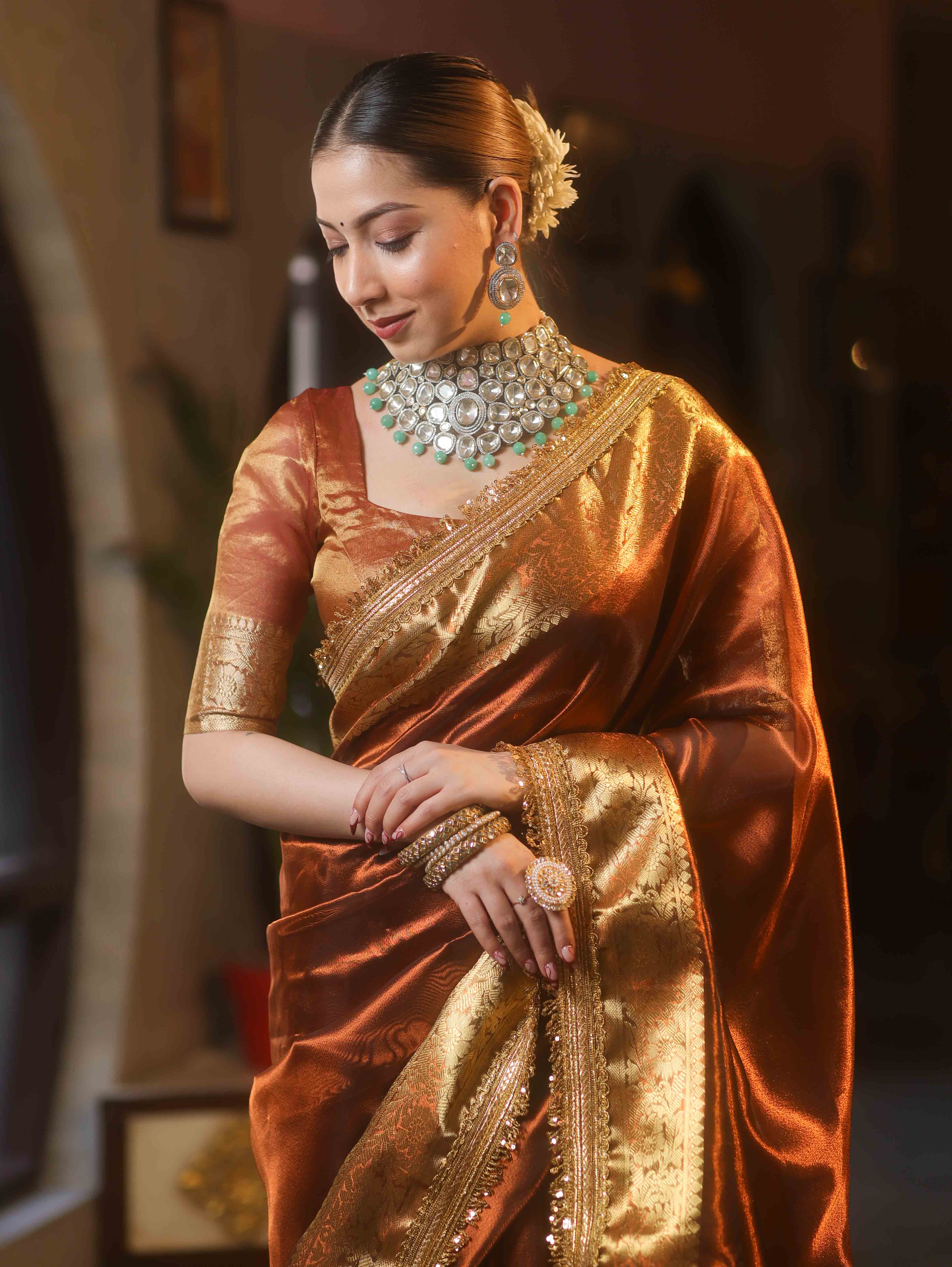 Banarasee Handwoven Plain Tissue Saree With Zari Border & Lace-Brown