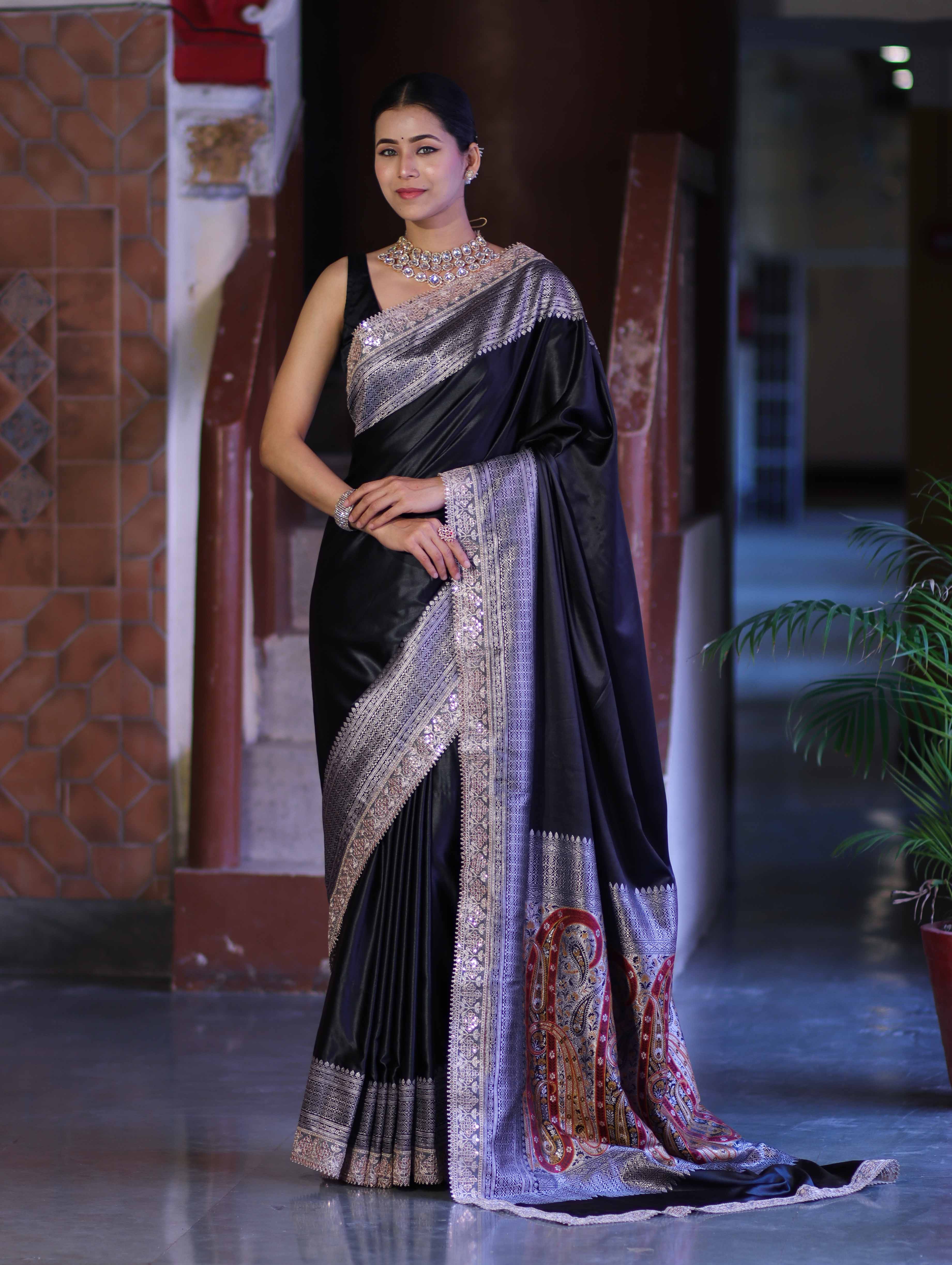 Banarasee Handloom Plain Mashru Silk Saree With Lace Border & Meenadar Pallu-Black