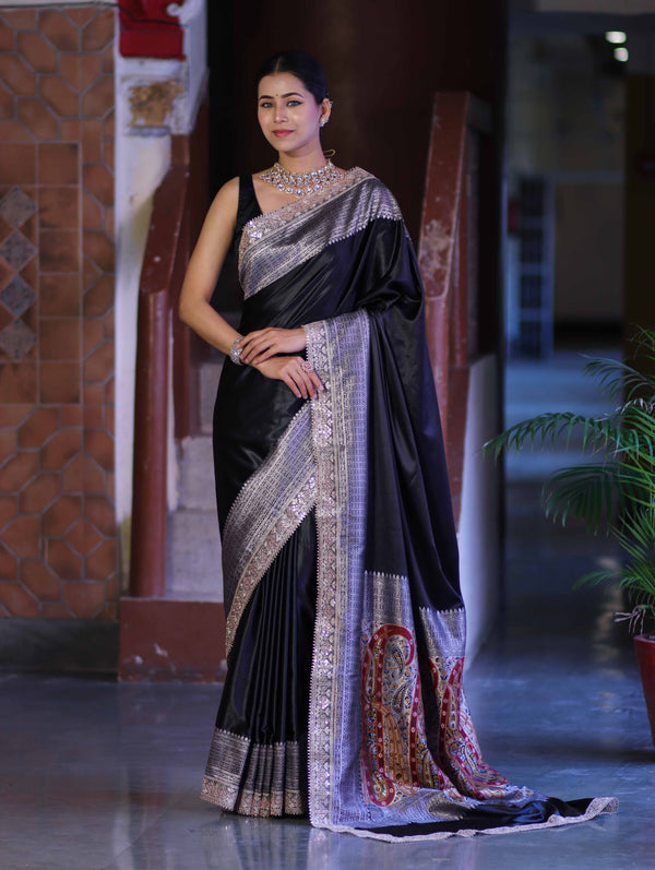 Banarasee Handloom Plain Mashru Silk Saree With Lace Border & Meenadar Pallu-Black