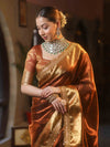 Banarasee Handwoven Plain Tissue Saree With Zari Border & Lace-Brown