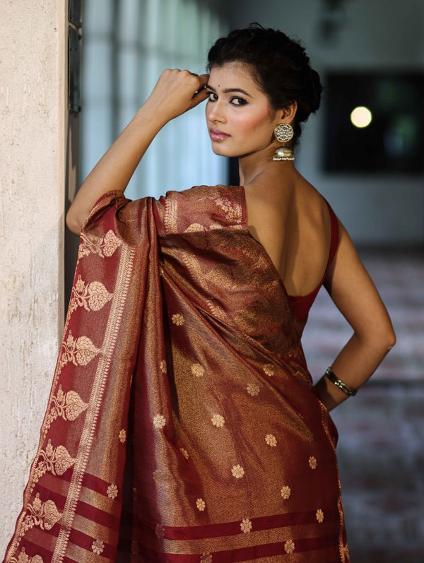 Banarasee Handwoven Soft Tissue Saree With Zari Border & Buti Design-Rust (Dual Tone)