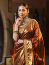 Banarasee Handwoven Plain Tissue Saree With Zari Border & Lace-Brown