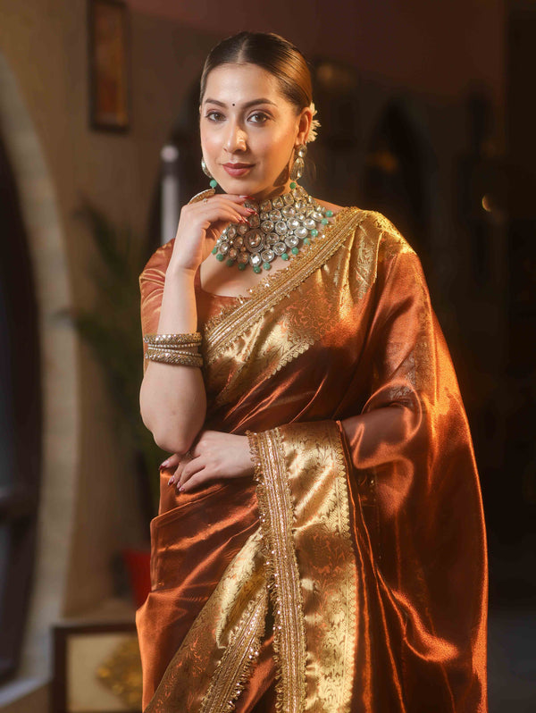 Banarasee Handwoven Plain Tissue Saree With Zari Border & Lace-Brown