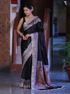Banarasee Handloom Plain Mashru Silk Saree With Lace Border & Meenadar Pallu-Black