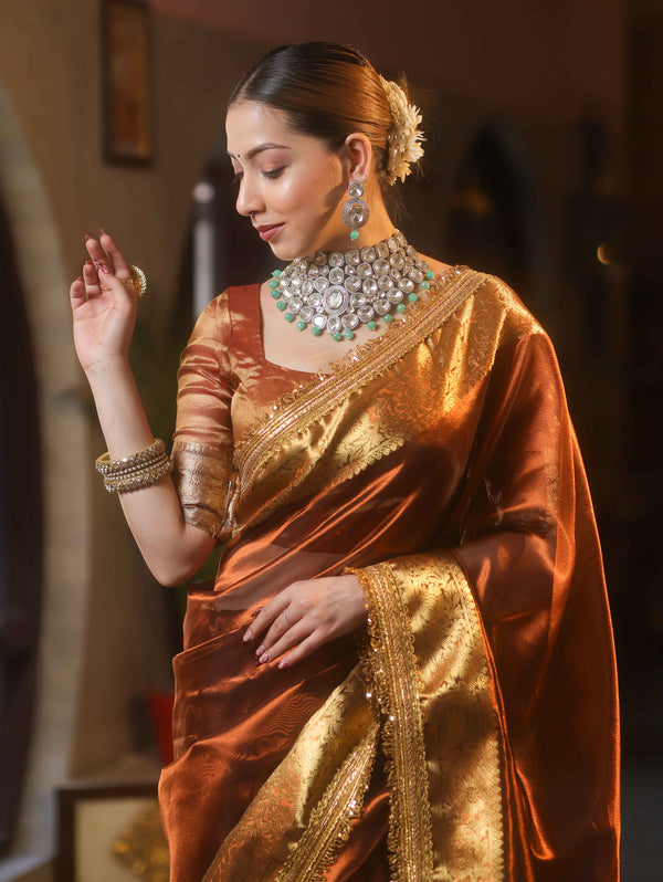 Banarasee Handwoven Plain Tissue Saree With Zari Border & Lace-Brown
