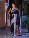 Banarasee Handloom Plain Mashru Silk Saree With Lace Border & Meenadar Pallu-Black