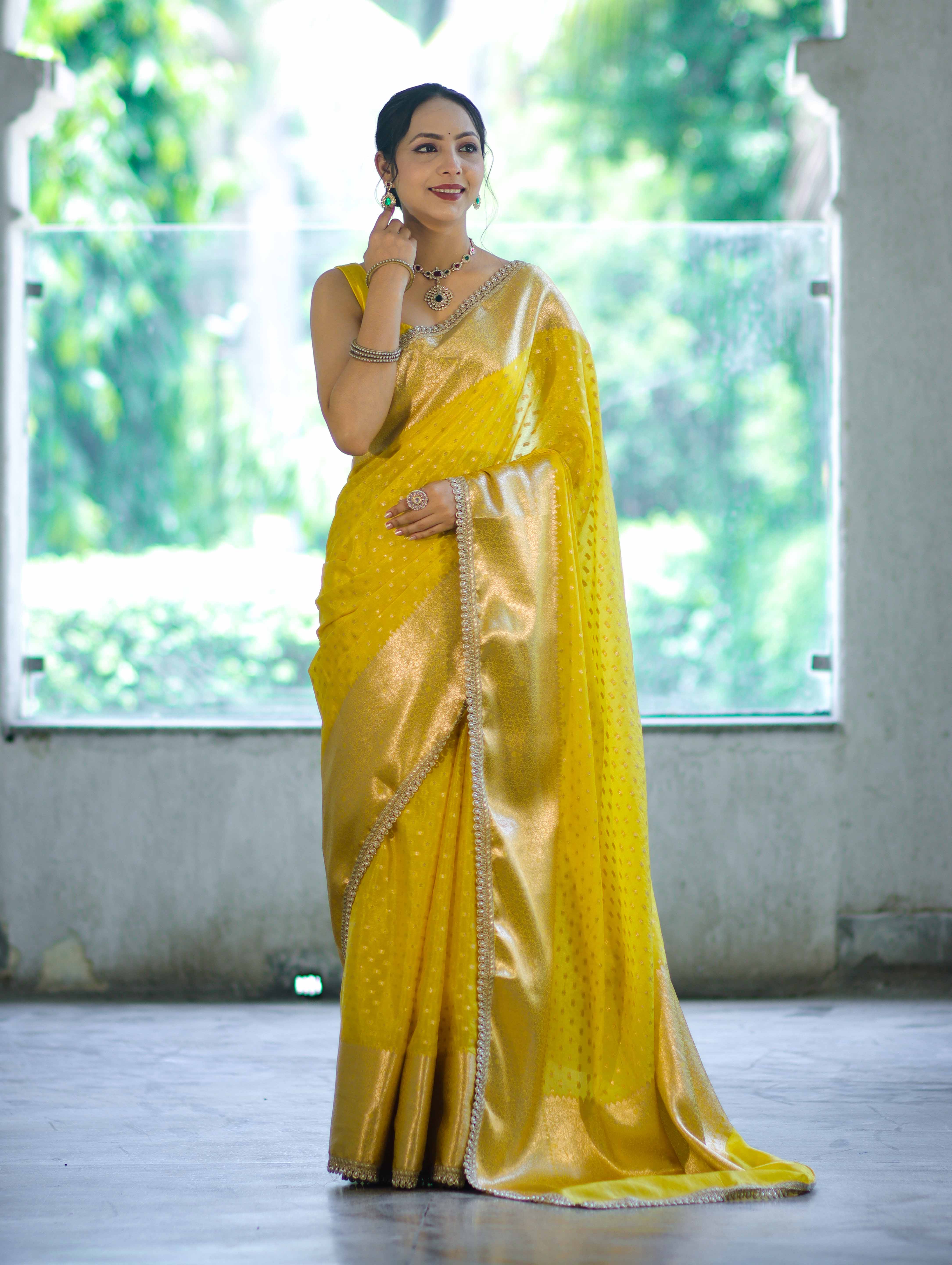Banarasee Semi Chiffon Saree With Buti Design Broad Zari Border & Lace-Yellow