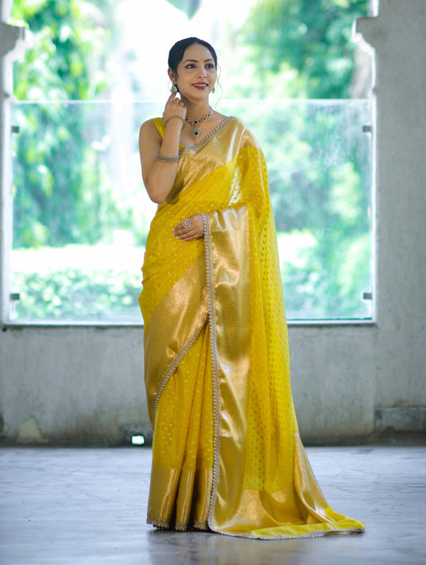 Banarasee Semi Chiffon Saree With Buti Design Broad Zari Border & Lace-Yellow
