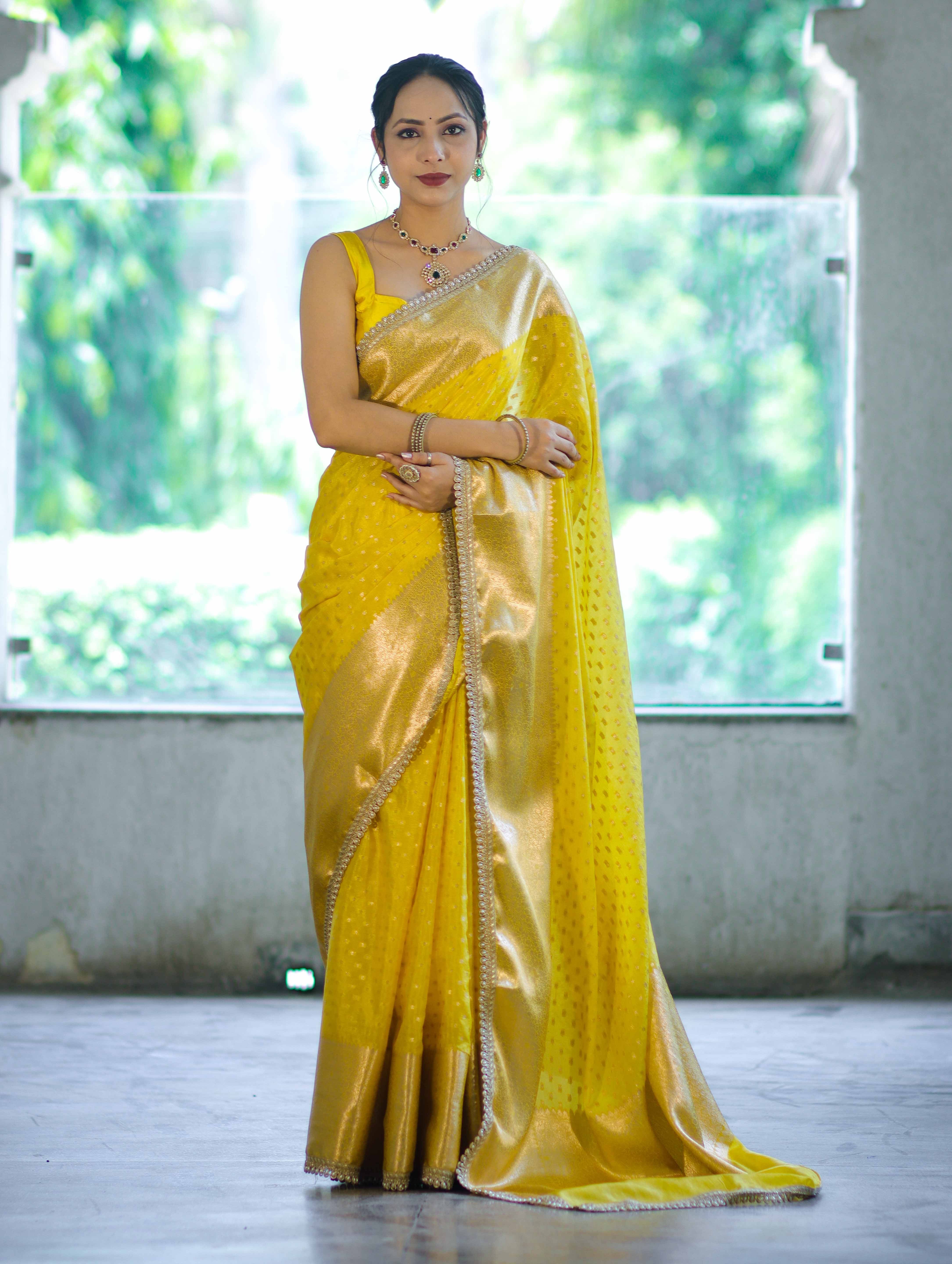 Banarasee Semi Chiffon Saree With Buti Design Broad Zari Border & Lace-Yellow