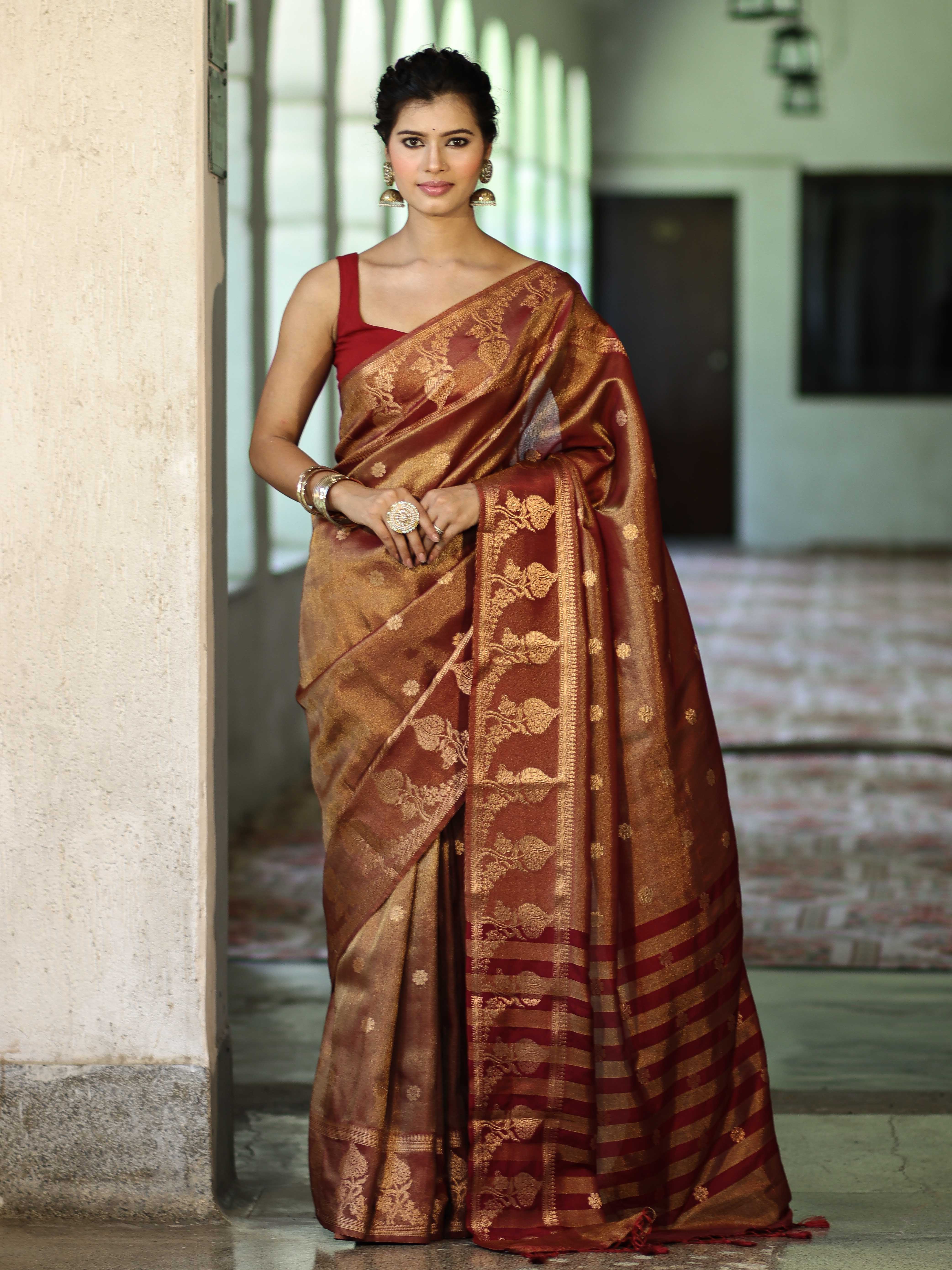 Banarasee Handwoven Soft Tissue Saree With Zari Border & Buti Design-Rust (Dual Tone)