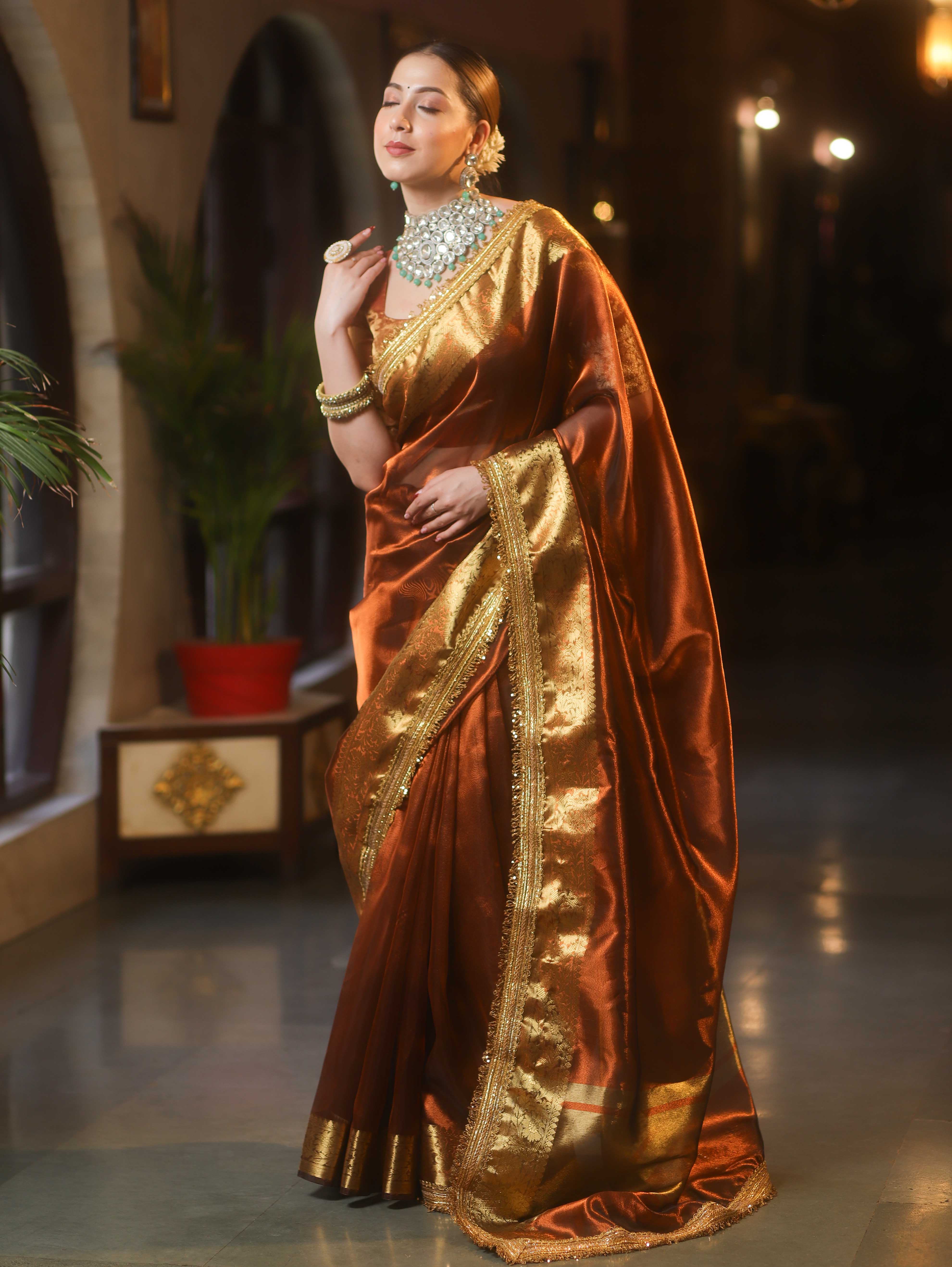 Banarasee Handwoven Plain Tissue Saree With Zari Border & Lace-Brown