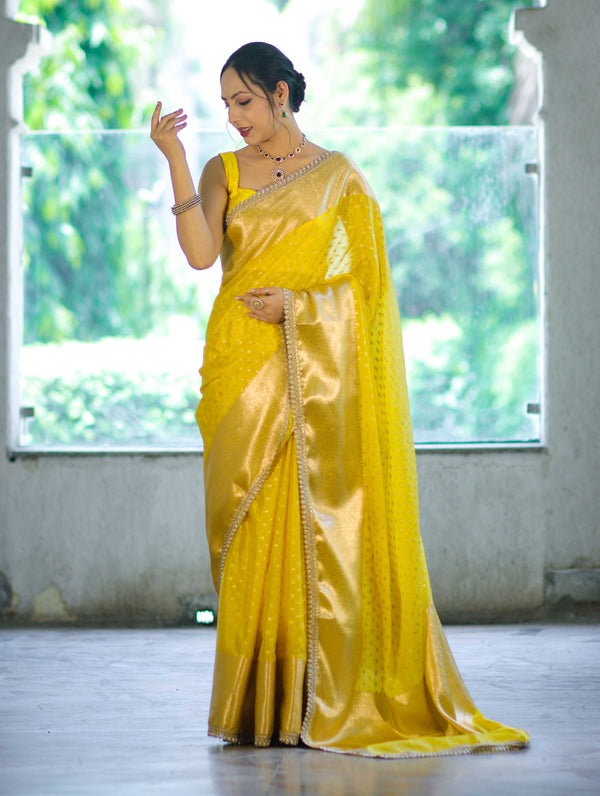 Banarasee Semi Chiffon Saree With Buti Design Broad Zari Border & Lace-Yellow
