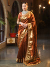 Banarasee Handwoven Plain Tissue Saree With Zari Border & Lace-Brown