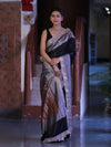 Banarasee Handloom Plain Mashru Silk Saree With Lace Border & Meenadar Pallu-Black