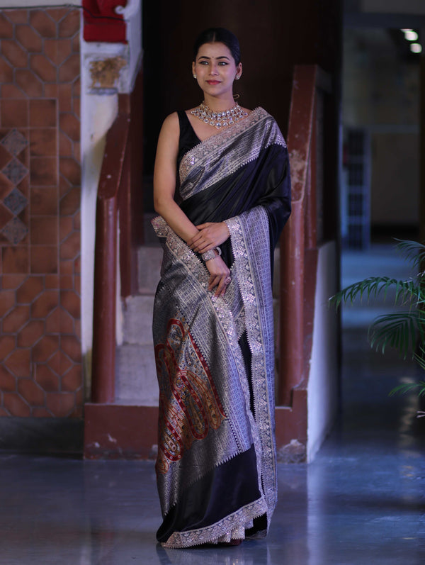 Banarasee Handloom Plain Mashru Silk Saree With Lace Border & Meenadar Pallu-Black