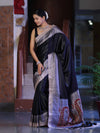 Banarasee Handloom Plain Mashru Silk Saree With Lace Border & Meenadar Pallu-Black