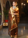 Banarasee Handwoven Plain Tissue Saree With Zari Border & Lace-Brown