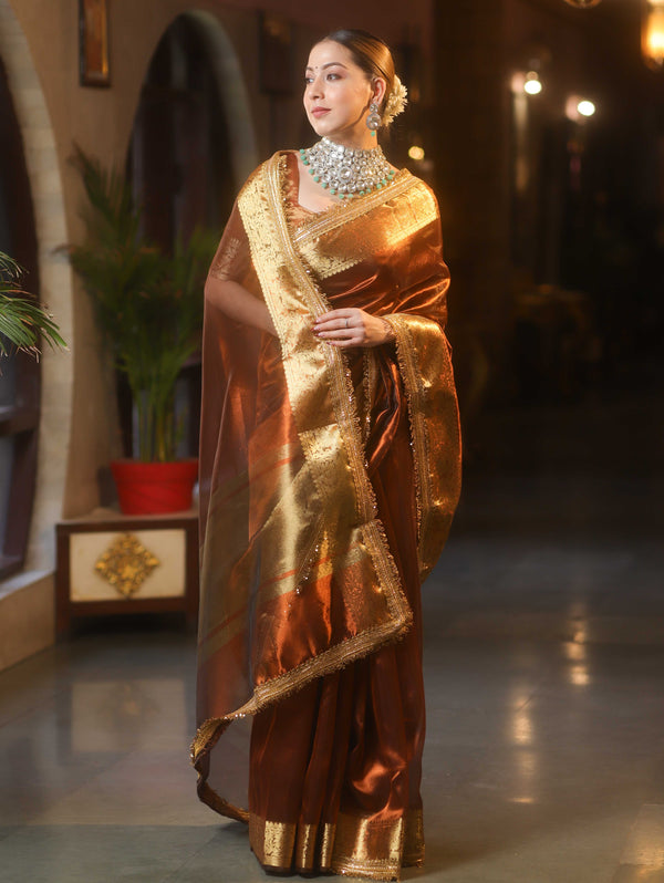 Banarasee Handwoven Plain Tissue Saree With Zari Border & Lace-Brown