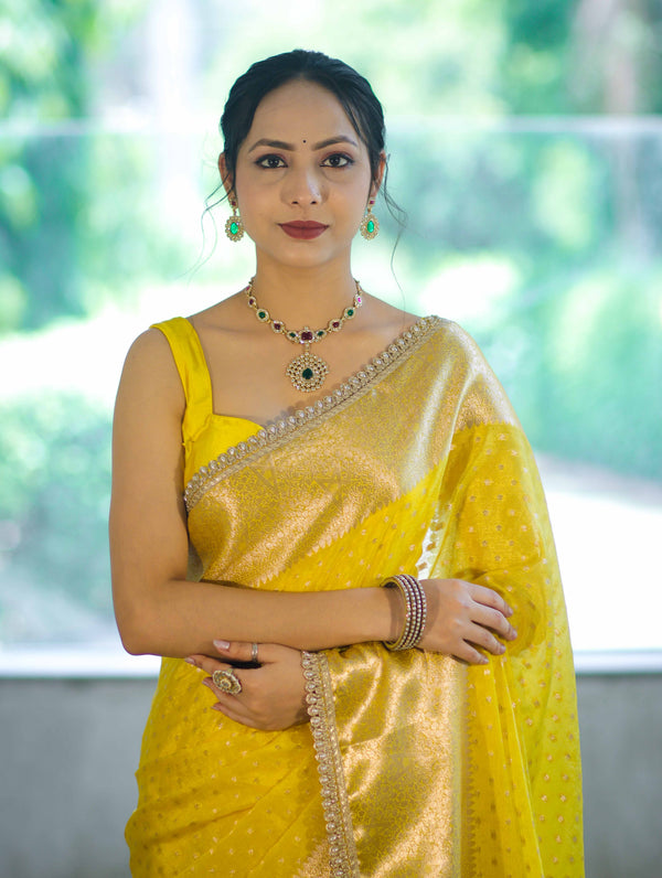 Banarasee Semi Chiffon Saree With Buti Design Broad Zari Border & Lace-Yellow