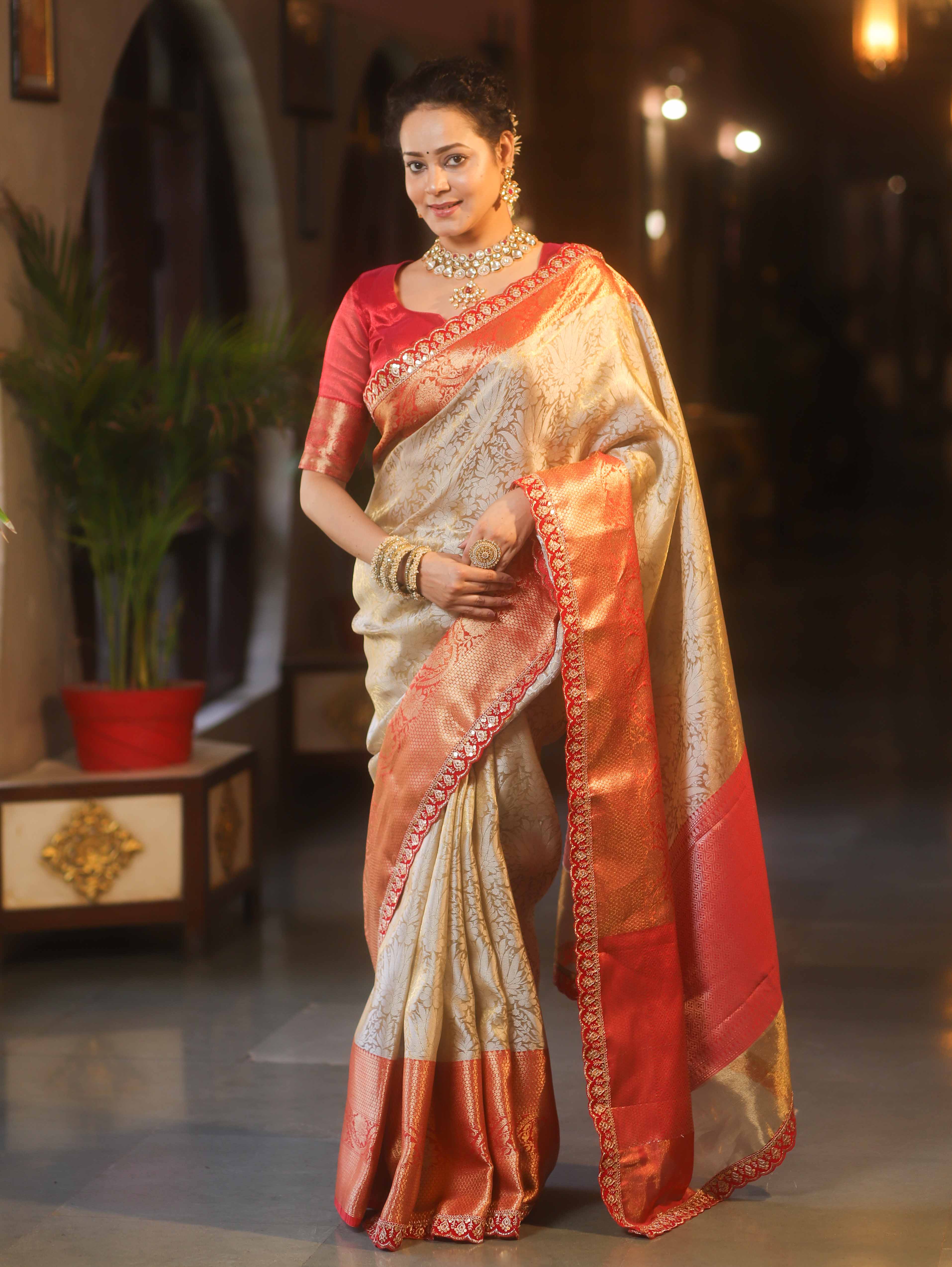Banarasee Handwoven Tissue Zari Saree With Contrast Border & Lace-Silver & Red