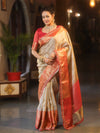 Banarasee Handwoven Tissue Zari Saree With Contrast Border & Lace-Silver & Red